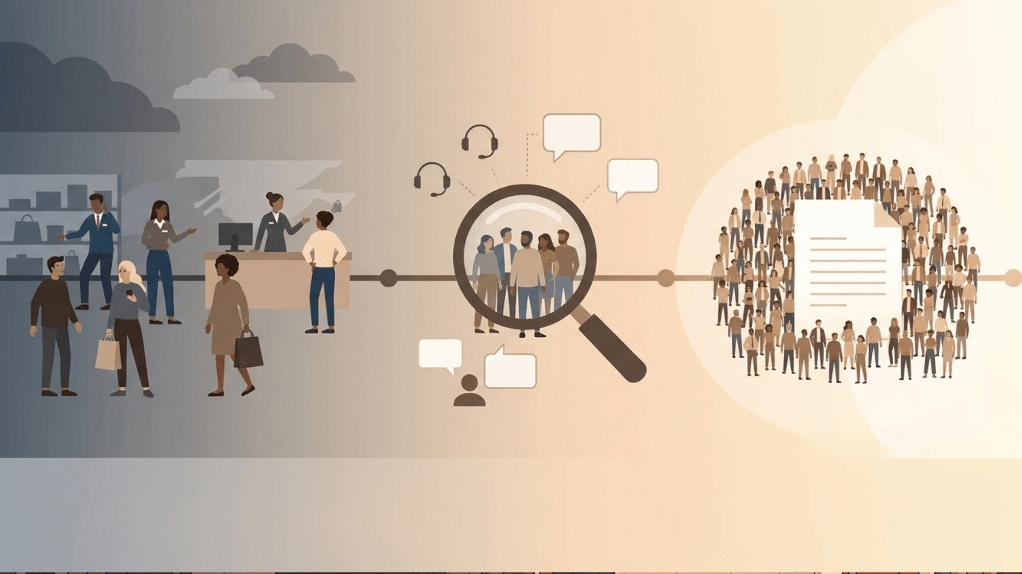 illustration showing customer journey from in-store interaction to audience targeting and segmentation process