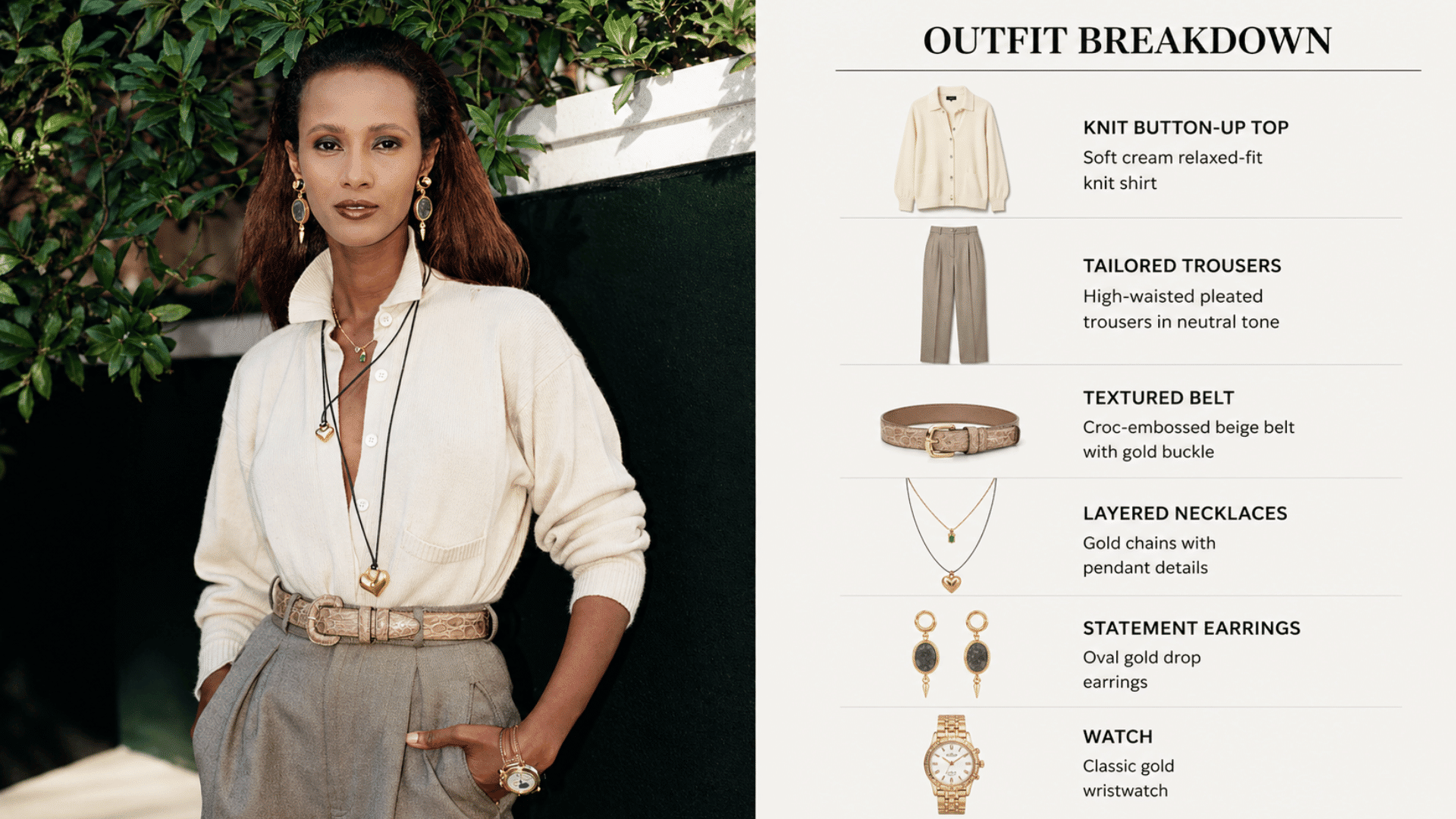 iman in white shirt and trousers with accessories showing a clean and minimal 80s inspired look