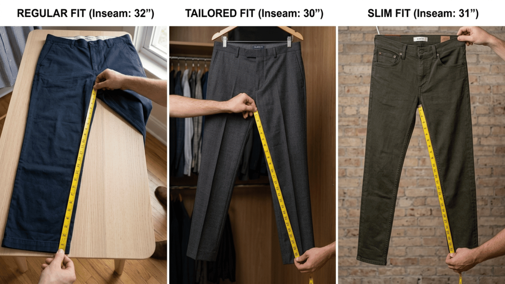 jeans laid flat with tape measure showing regular, tailored and slim fit width comparison for pant sizing