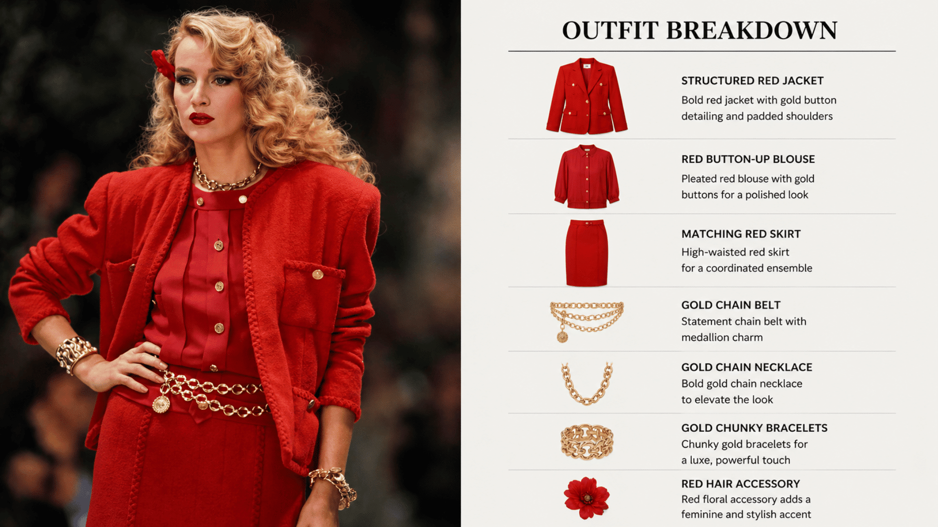 jerry hall in bold red chanel runway outfit with gold buttons and jewelry, showcasing iconic 80s power dressing style