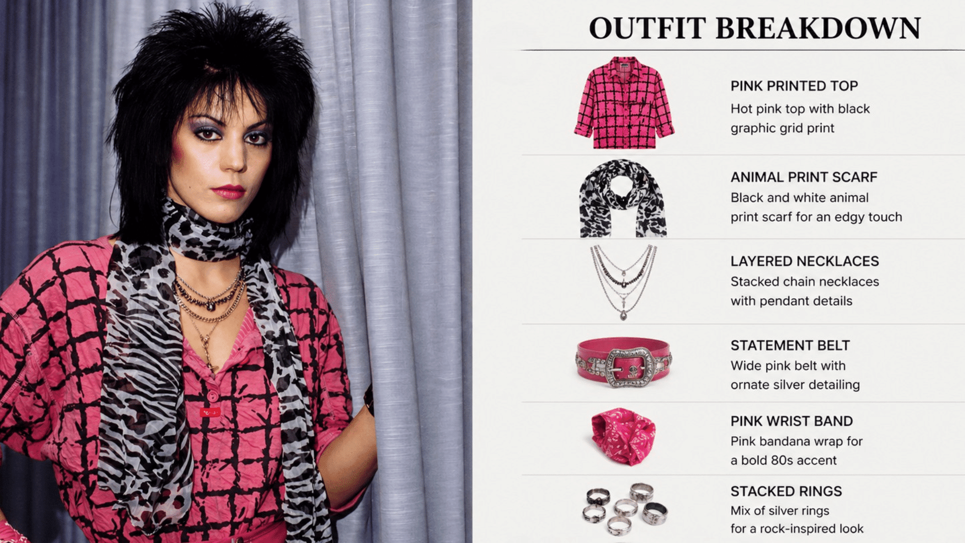 joan jett in edgy 80s outfit with layered accessories, bold makeup, and signature rock hairstyle in punk-inspired look