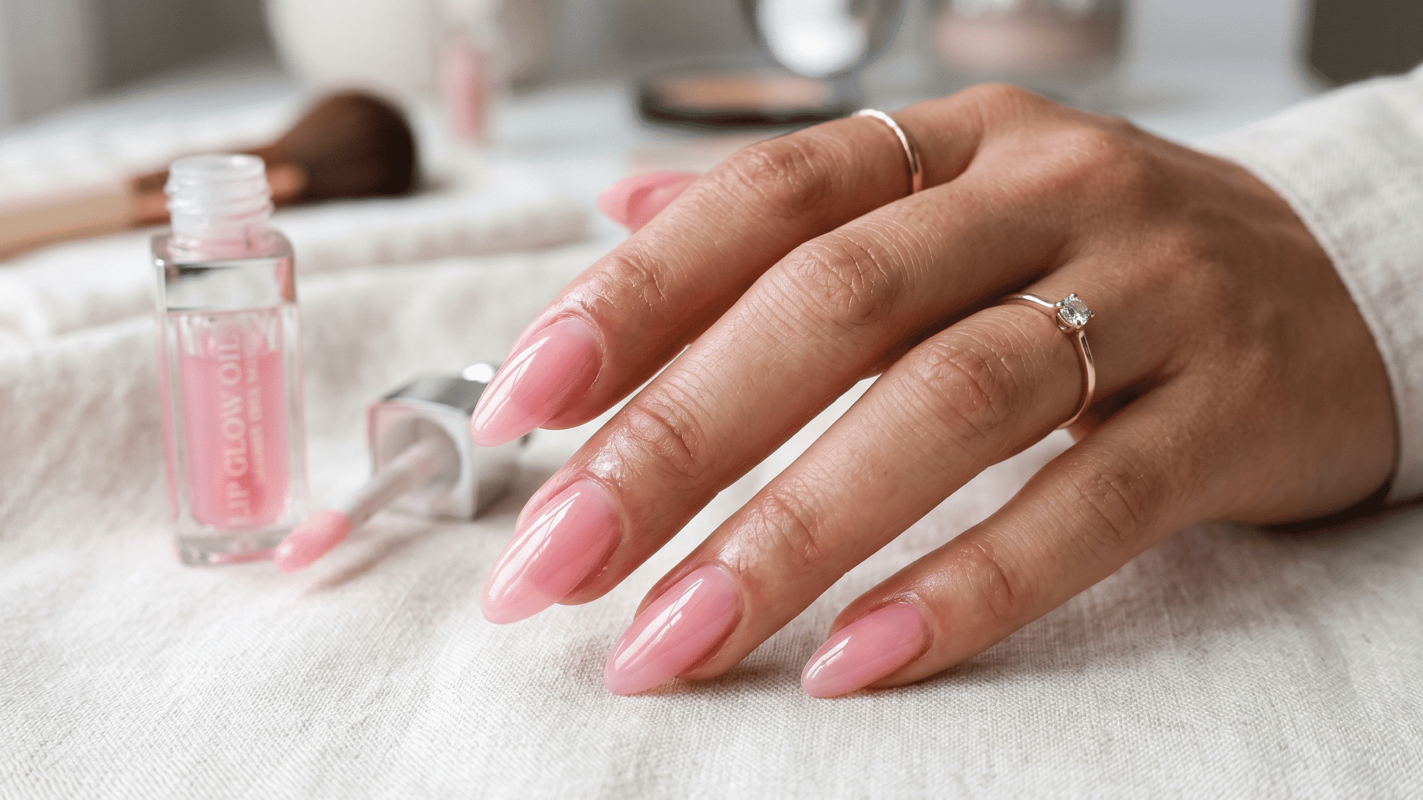 lip gloss nails with pink glossy hydrated shine