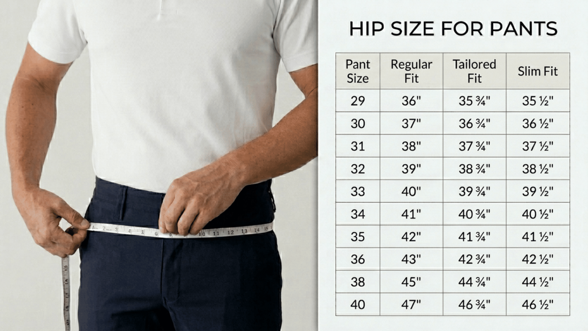 man measuring hip with tape beside hip size chart showing measurements for different pant sizes and fits