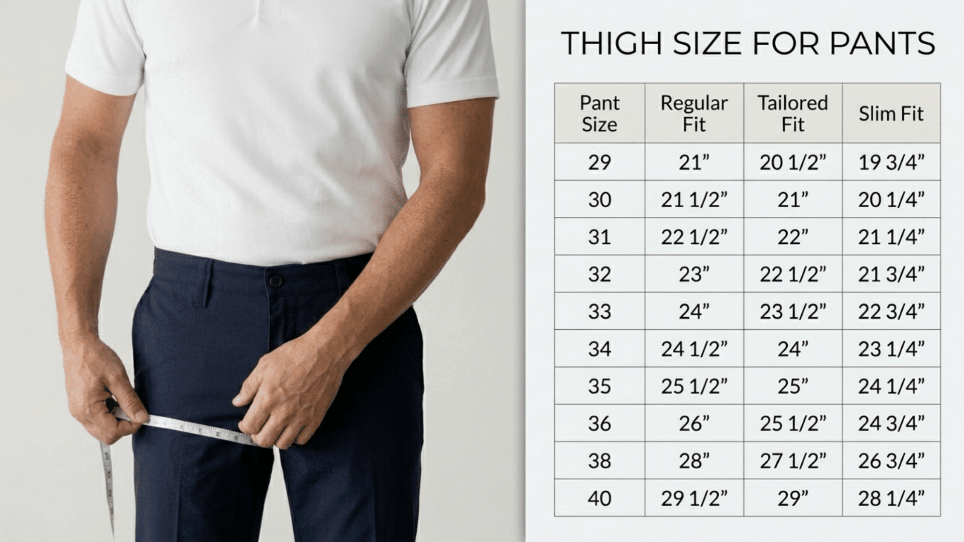 man measuring thigh with chart showing thigh size measurements for pants in regular, tailored and slim fits