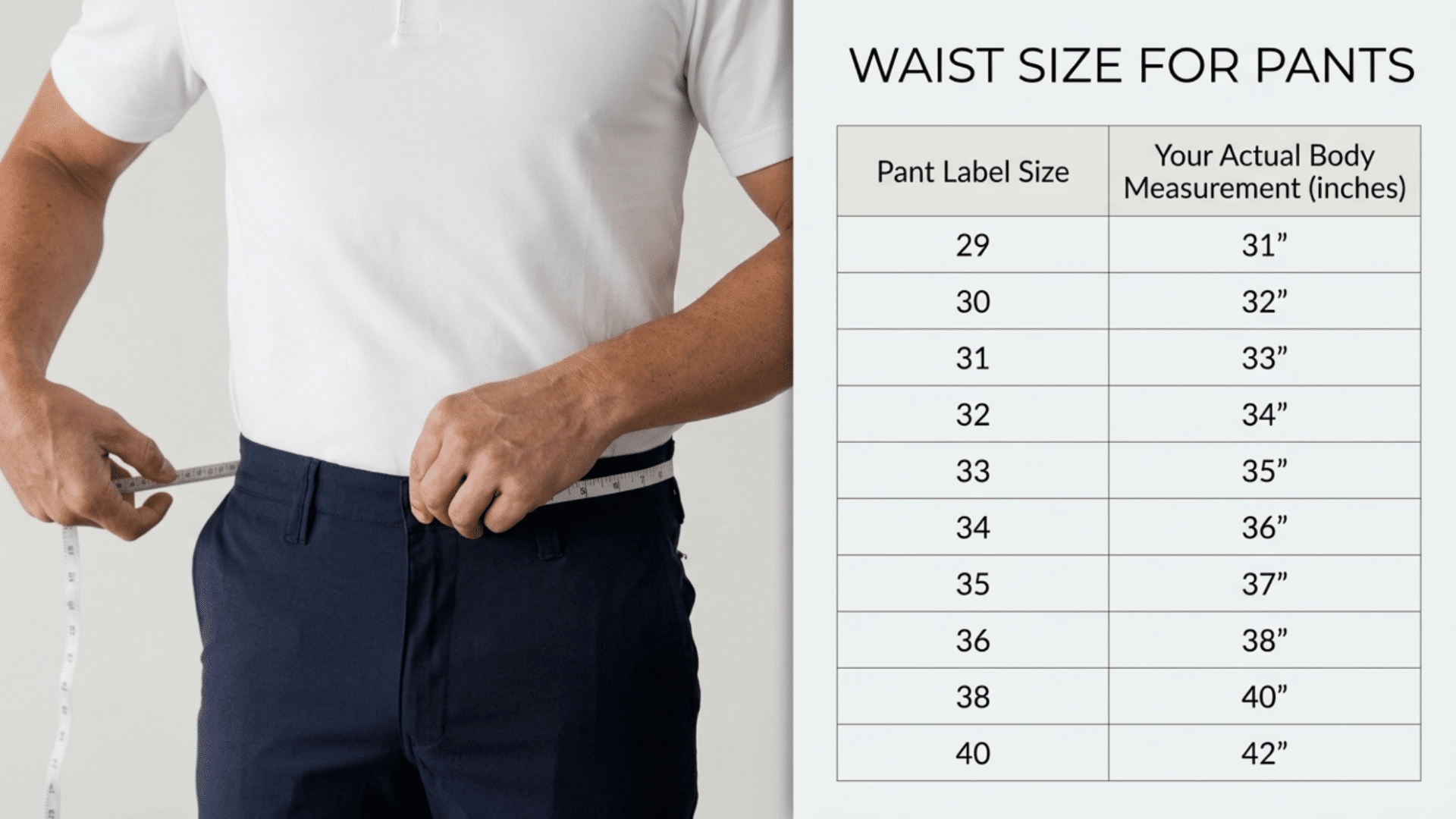 man measuring waist with tape and pant waist size chart showing inch measurements for different pant sizes