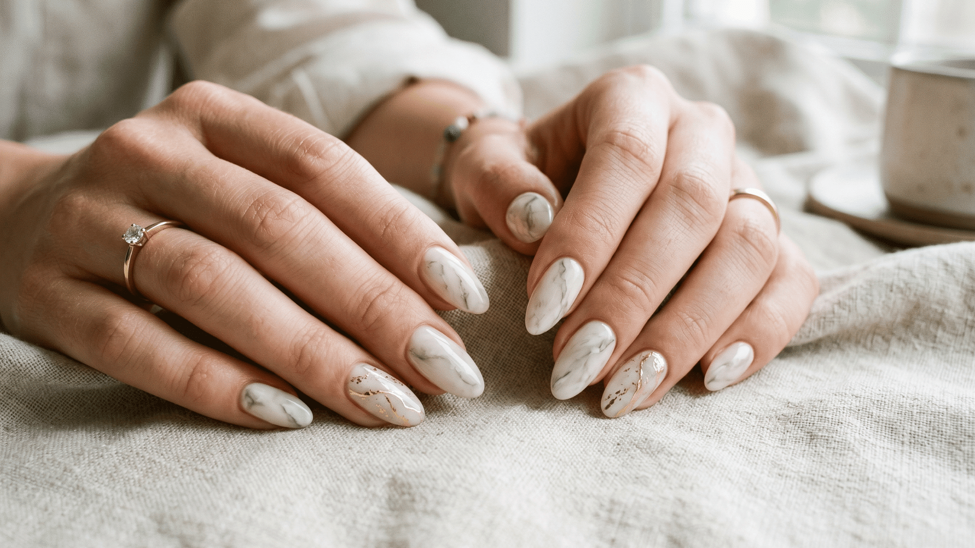 marble neutral nails with soft elegant stone effect