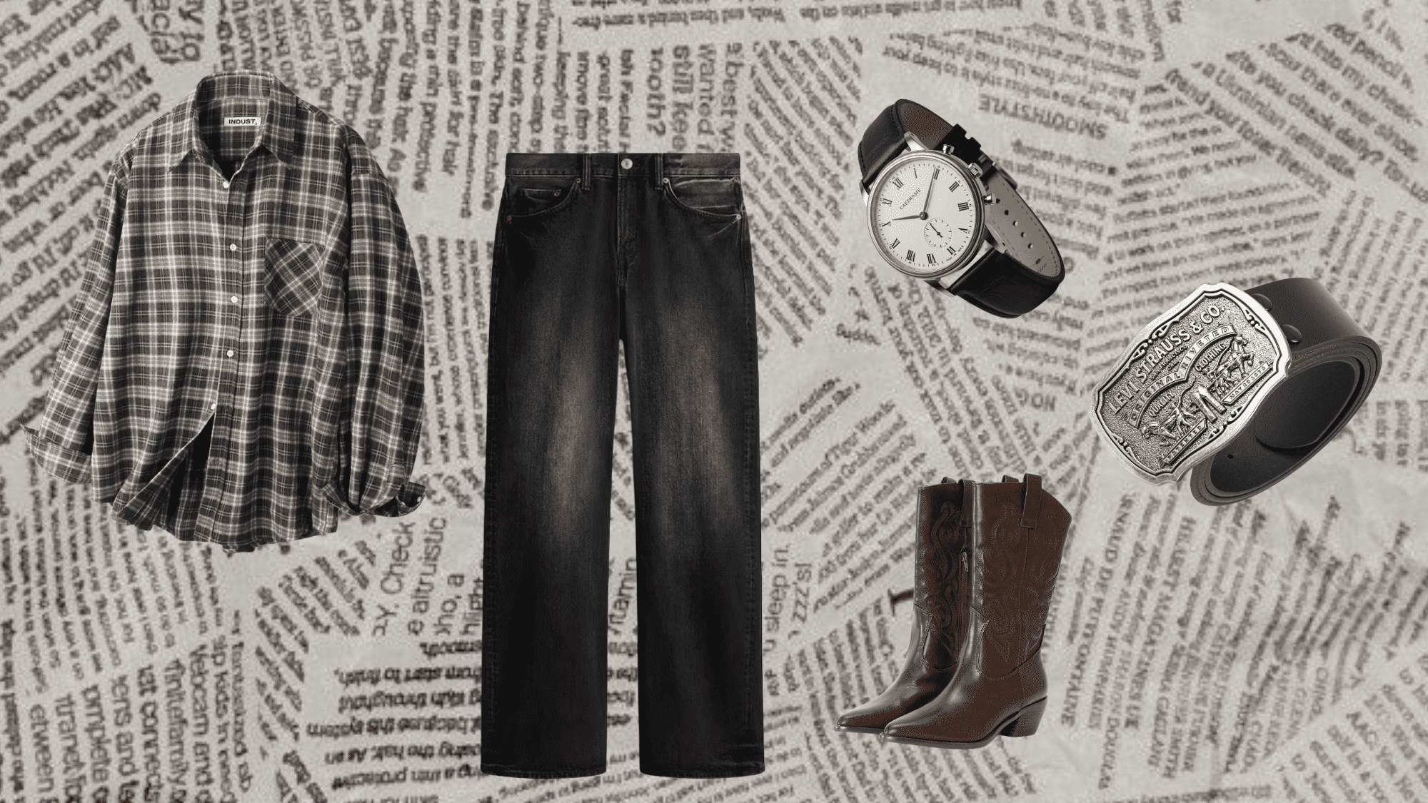 men styling bootcut jeans with plaid shirt and cowboy boots