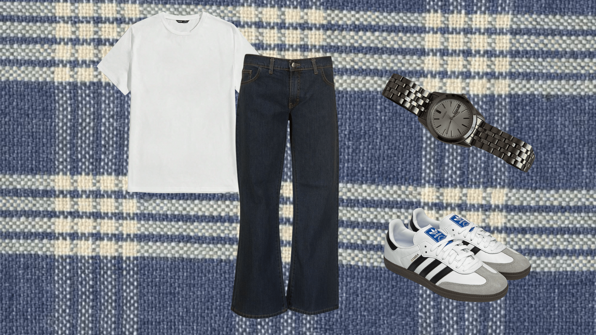 men wearing bootcut jeans with white tee and sneakers in a casual outfit