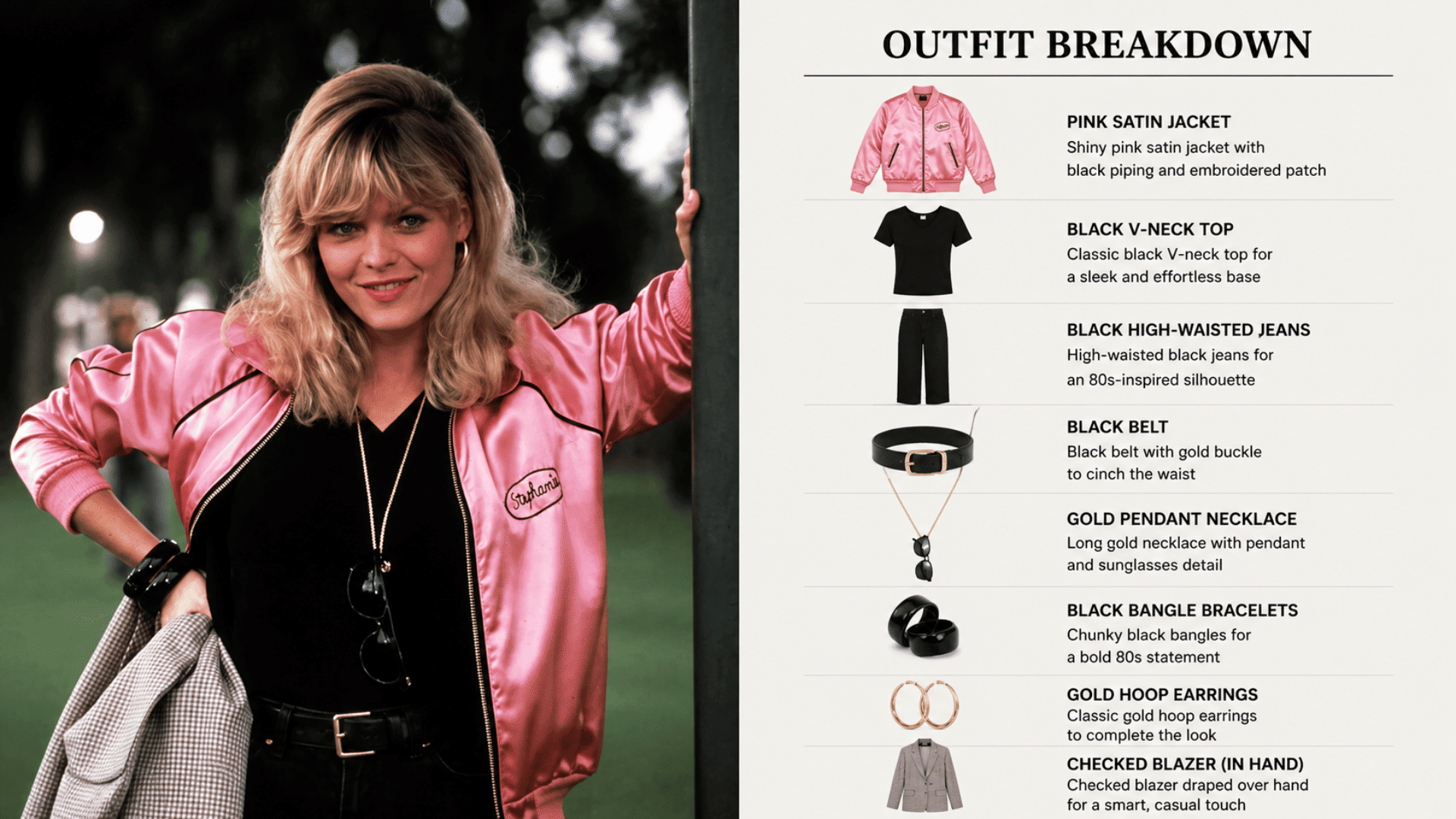 michelle pfeiffer in soft tailored outfit with knit top, high-waisted trousers, and gold accessories in timeless 80s style