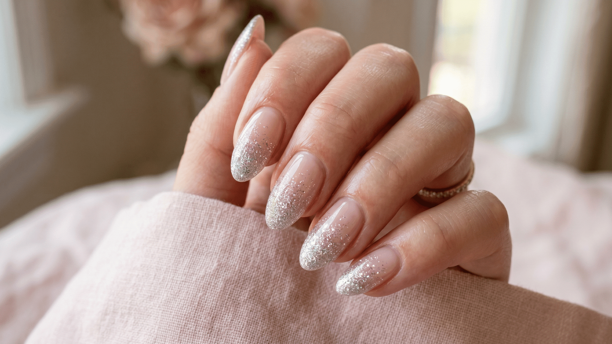 micro glitter fade nails with subtle sparkle gradient tips