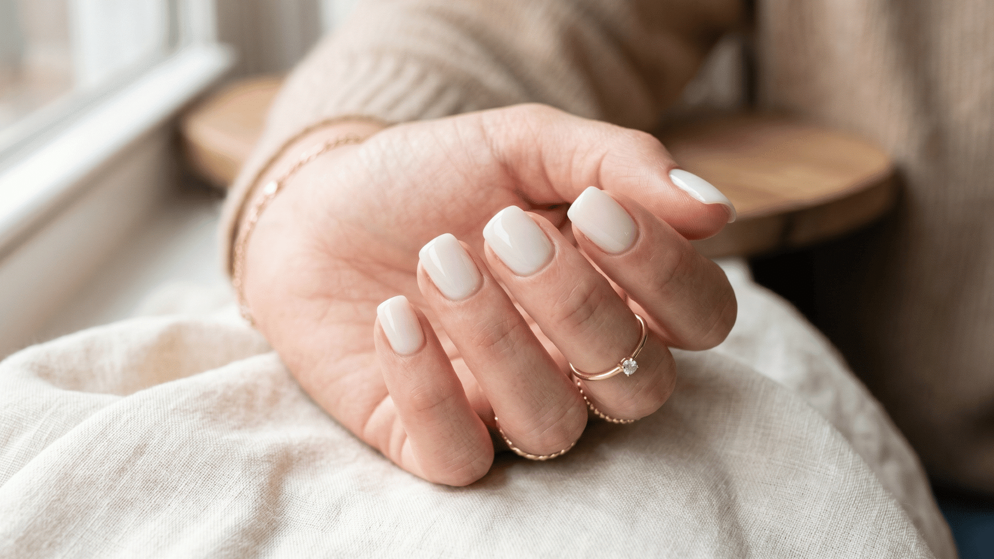 milky white nails with soft glossy finish and clean elegant style