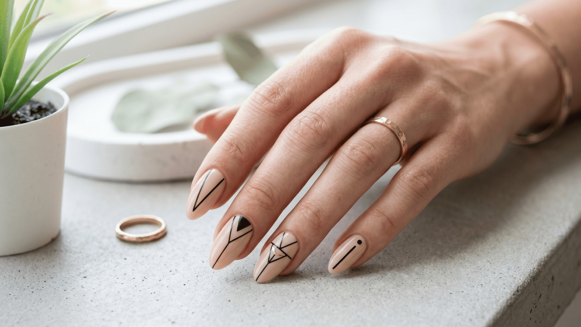 minimal geometric nail art with clean lines and modern style