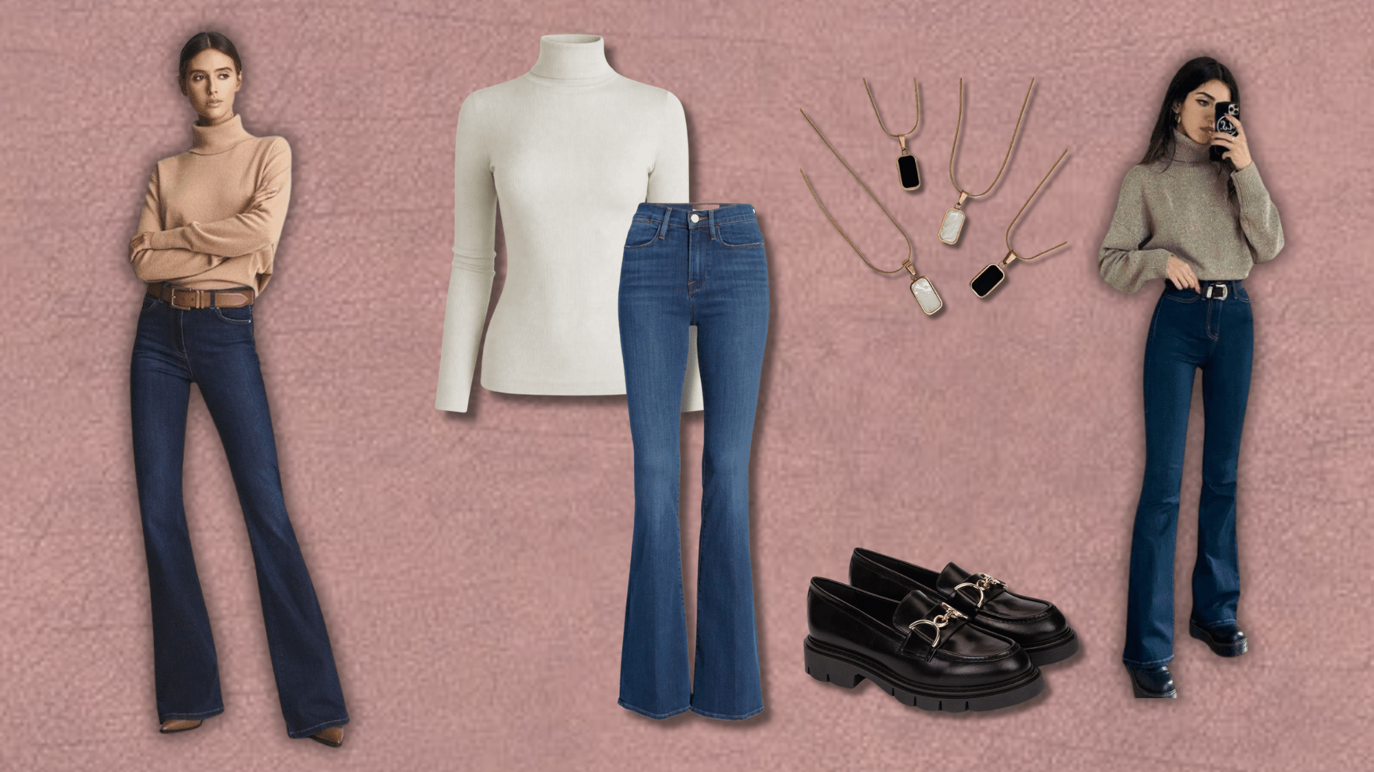 minimal outfit with bootcut jeans and fitted top styled in a clean modern look