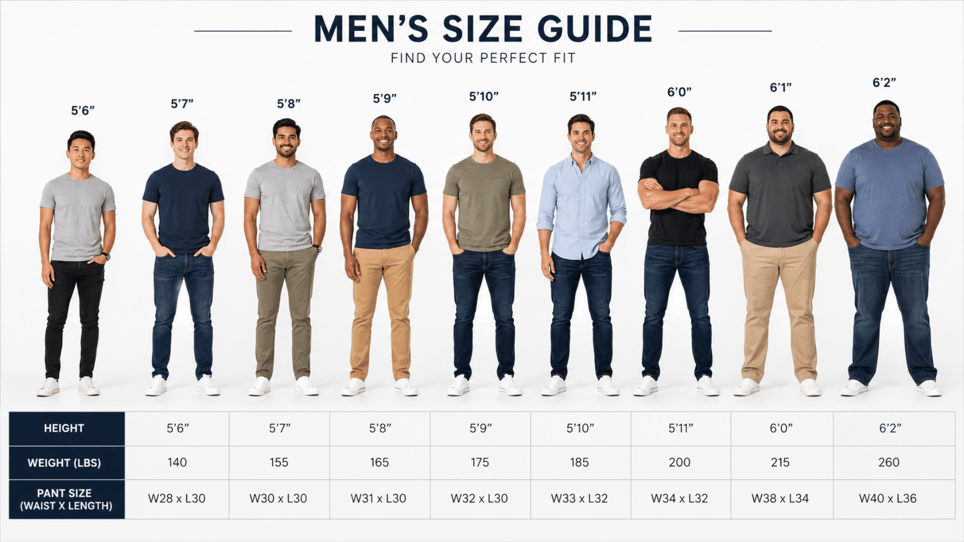 Nine male with varied body types stand side by side with height labels and a chart showing weight and pant sizes below