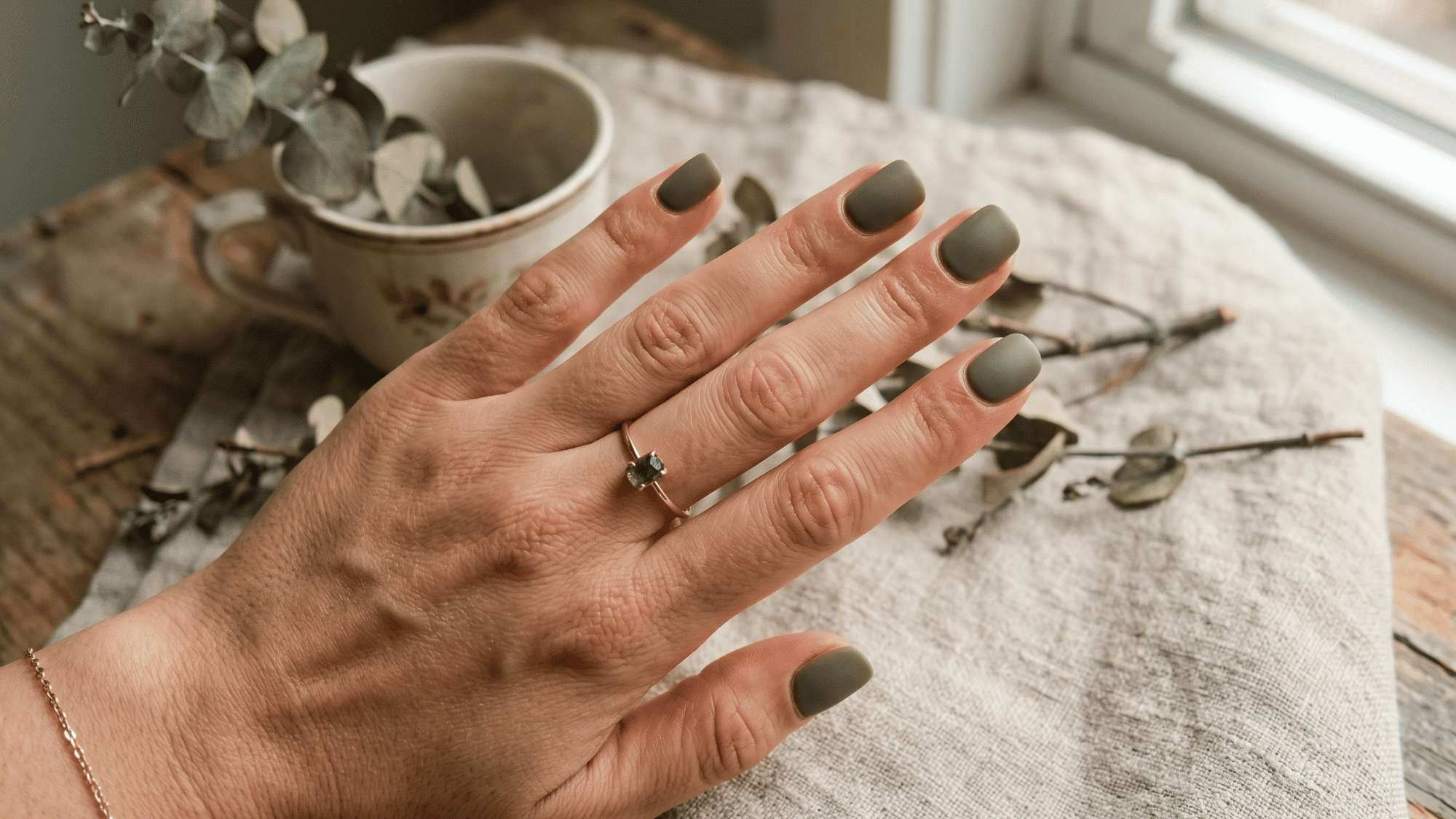 olive neutral nails with muted earthy green shade