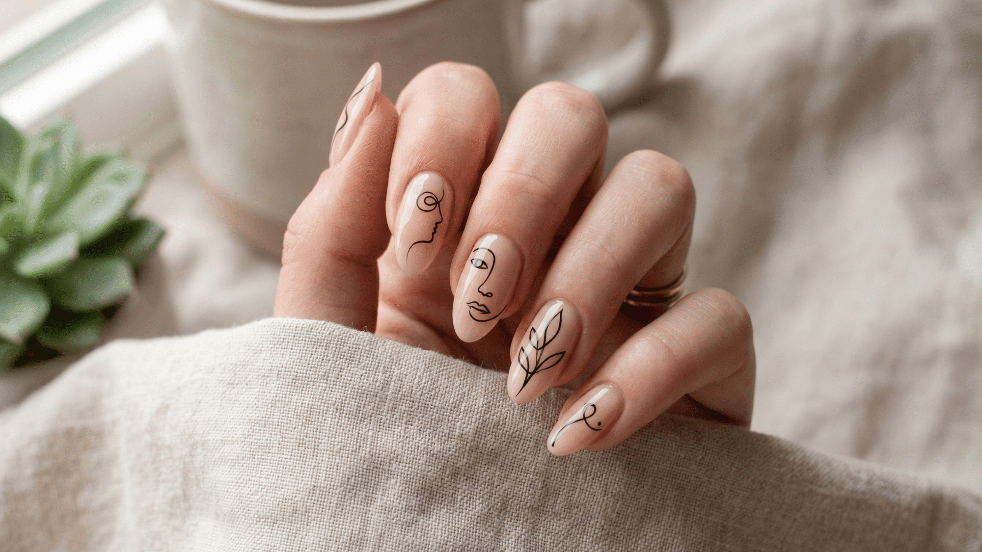 one line nail art with simple abstract minimalist design