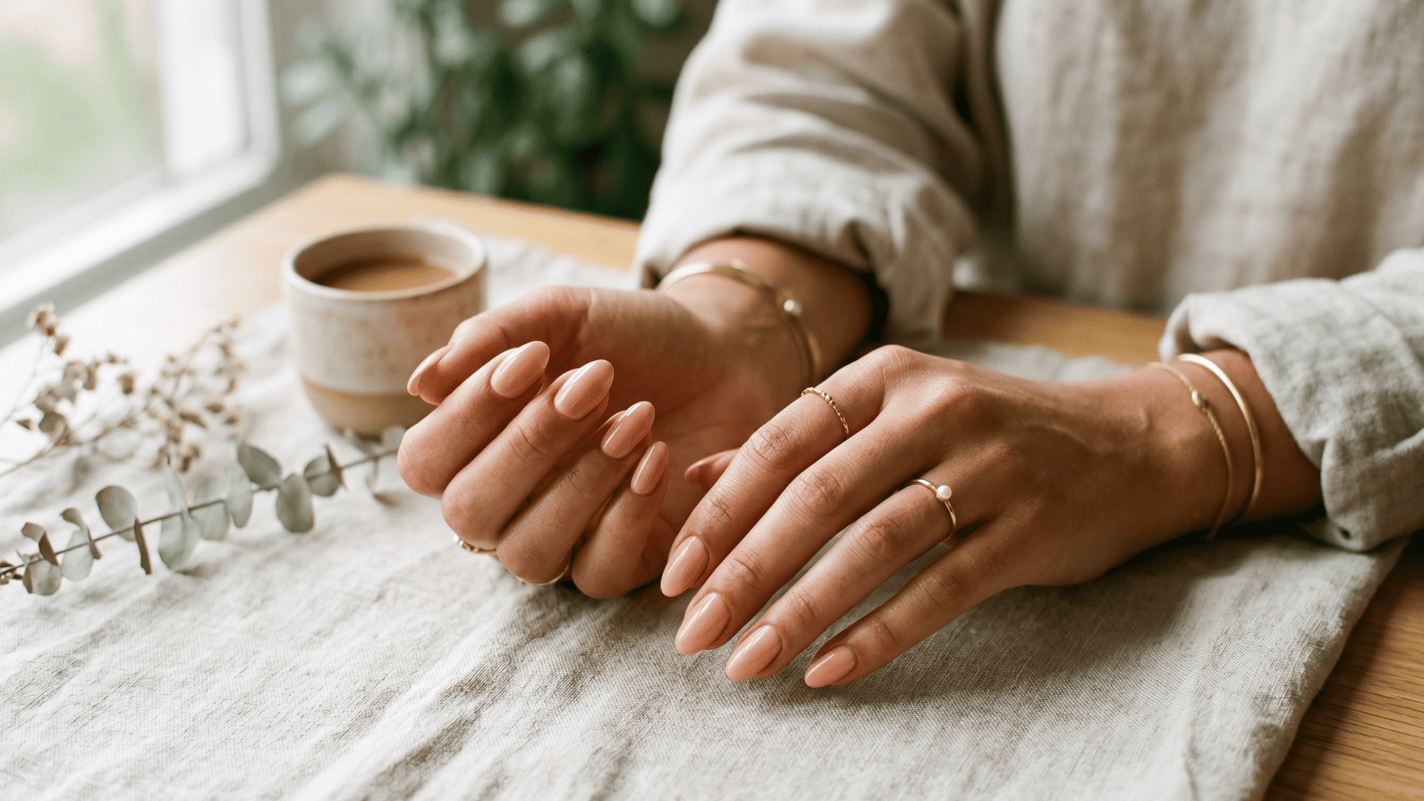 peach nude nails with warm undertone and fresh natural manicure look