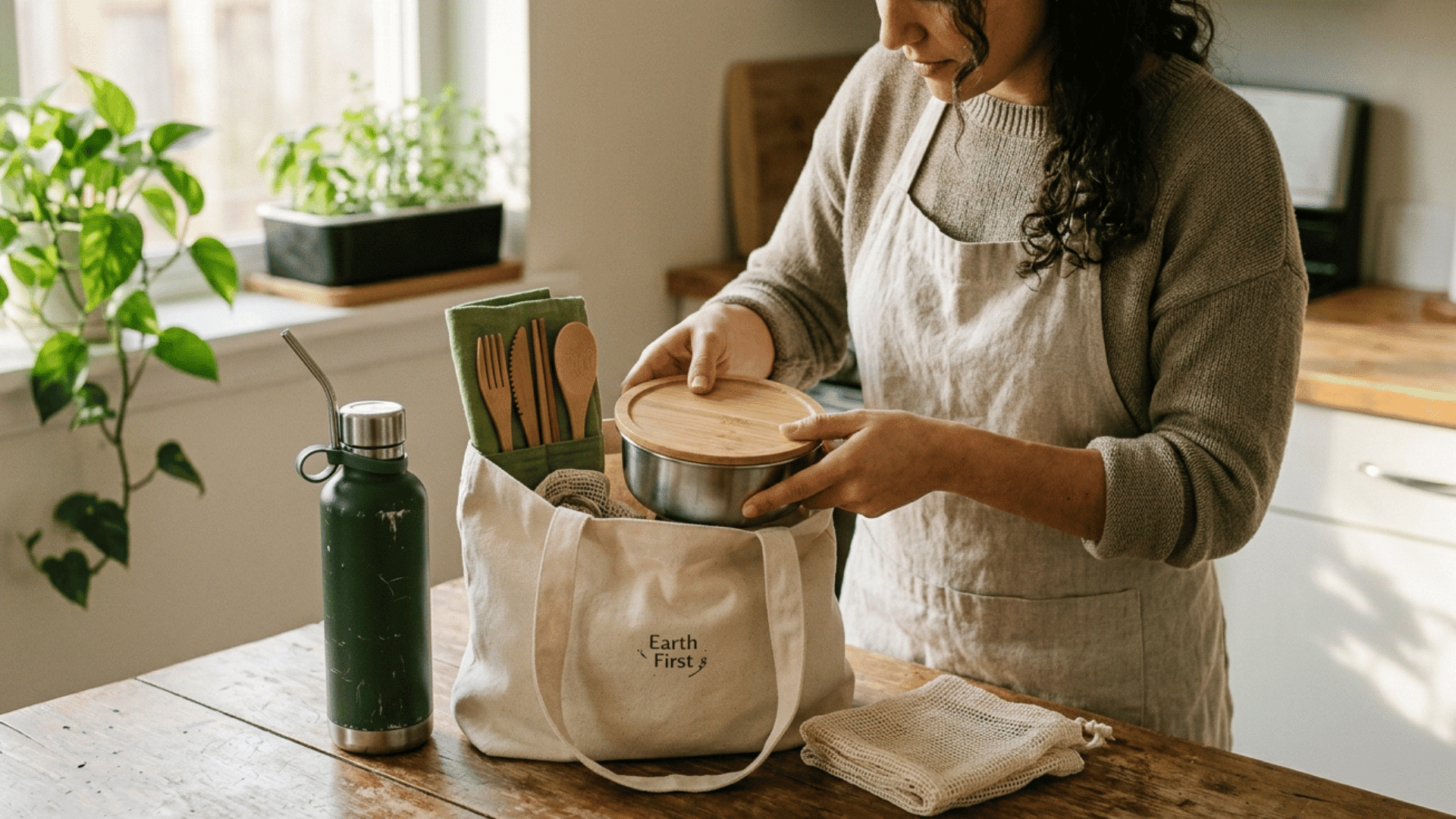 person organizing reusable items and reducing single-use products at home.