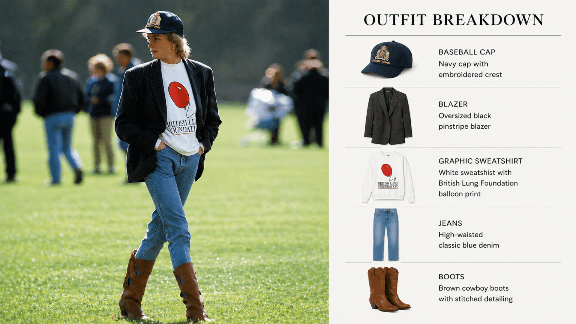 princess diana in oversized blazer with jeans and sneakers showing a casual and polished 80s inspired outfit look