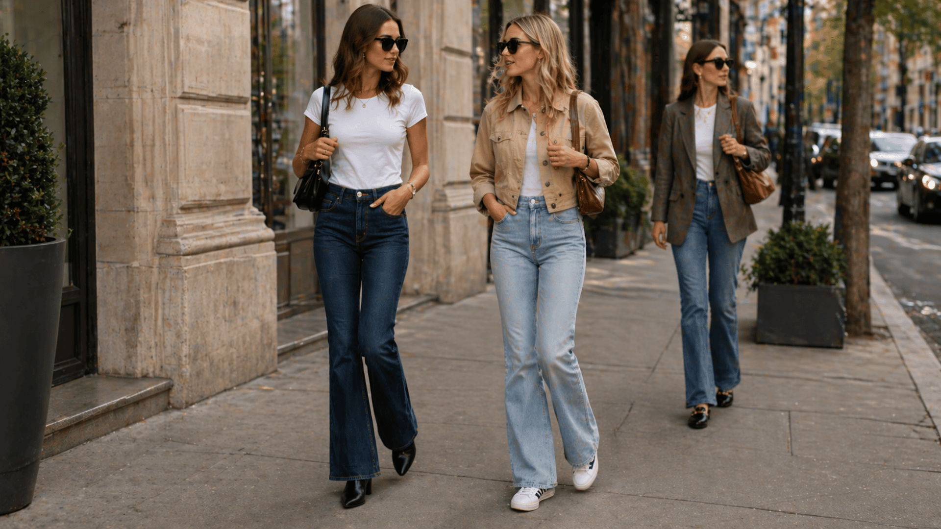 Realistic fashion editorial scene, two stylish women walking in a modern city street, wearing bootcut jeans styled differently, natural lighting, high detail, 169 aspect ratio. One outfit features