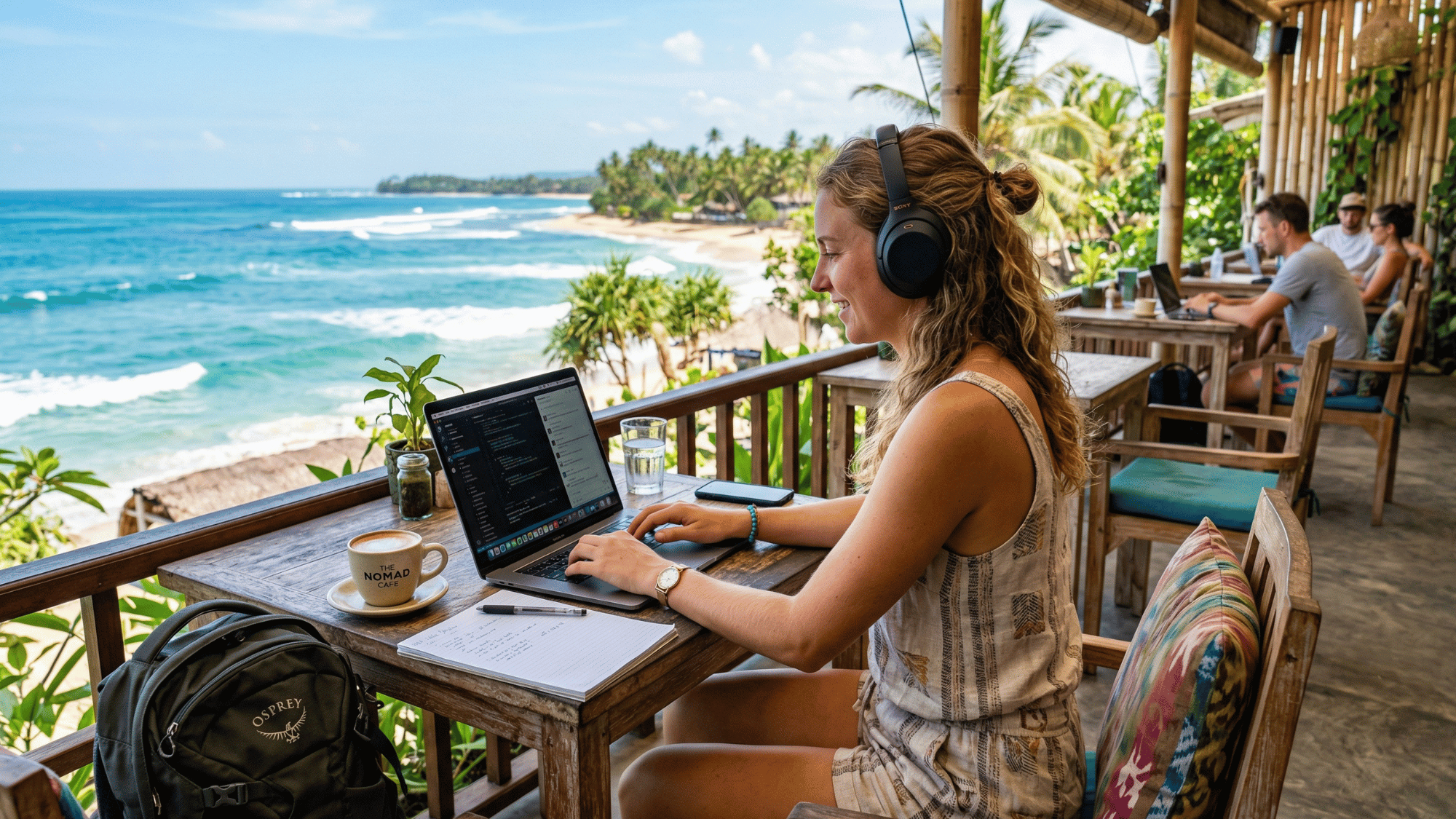 remote worker typing on a laptop at a scenic Bali café with ocean and rice field views, surrounded by fellow digital nomads.