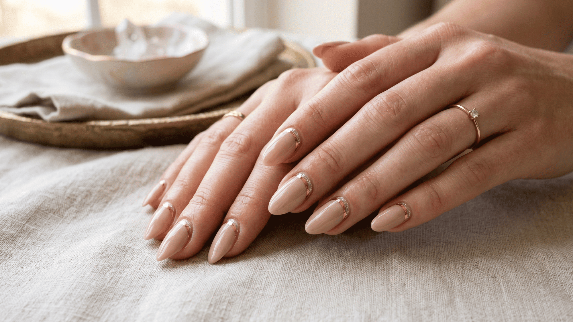 reverse french nails with modern cuticle highlight design