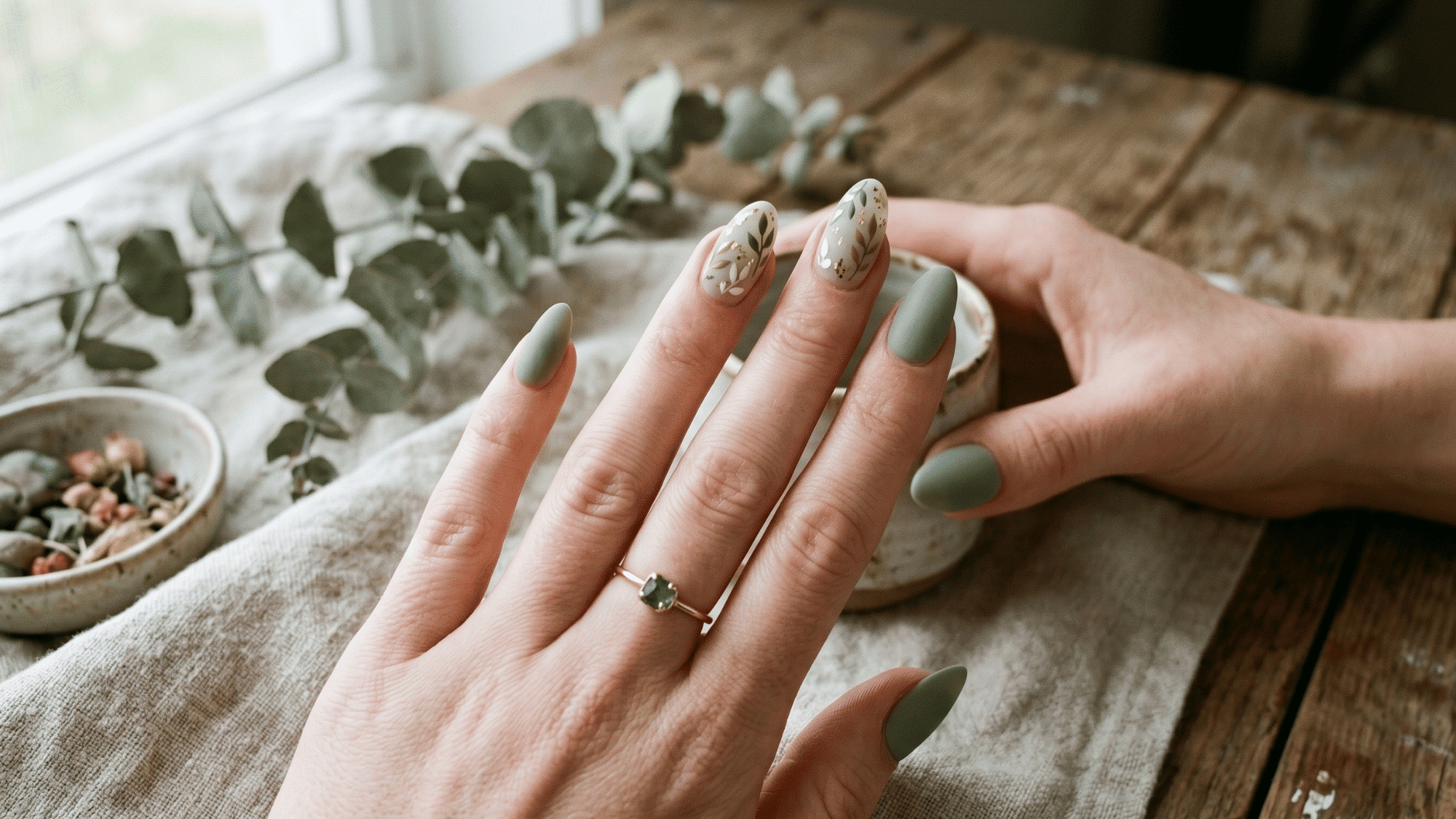 sage green nails with earthy tone and soft natural finish