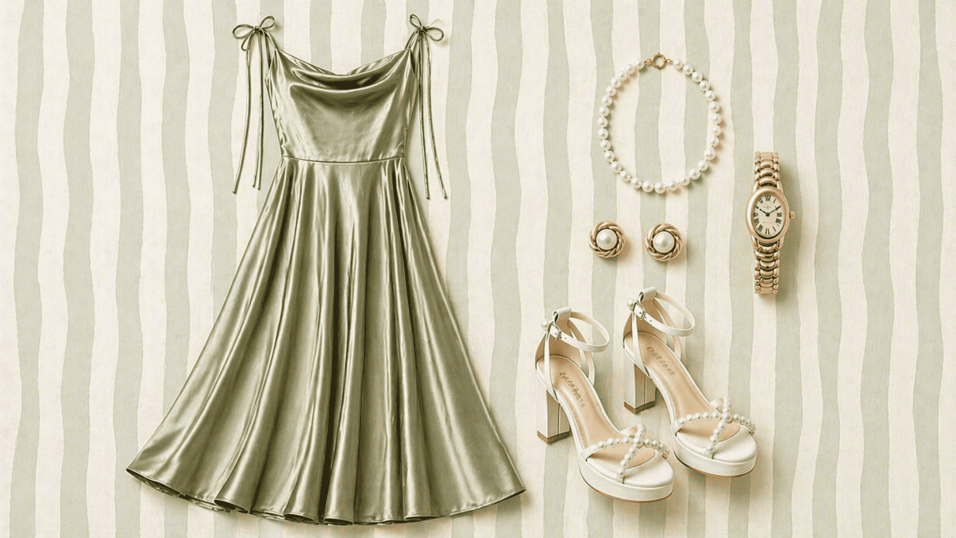 Sage satin dress with pearl jewelry, gold watch, and white heels arranged on soft light green striped background in elegant flat lay style