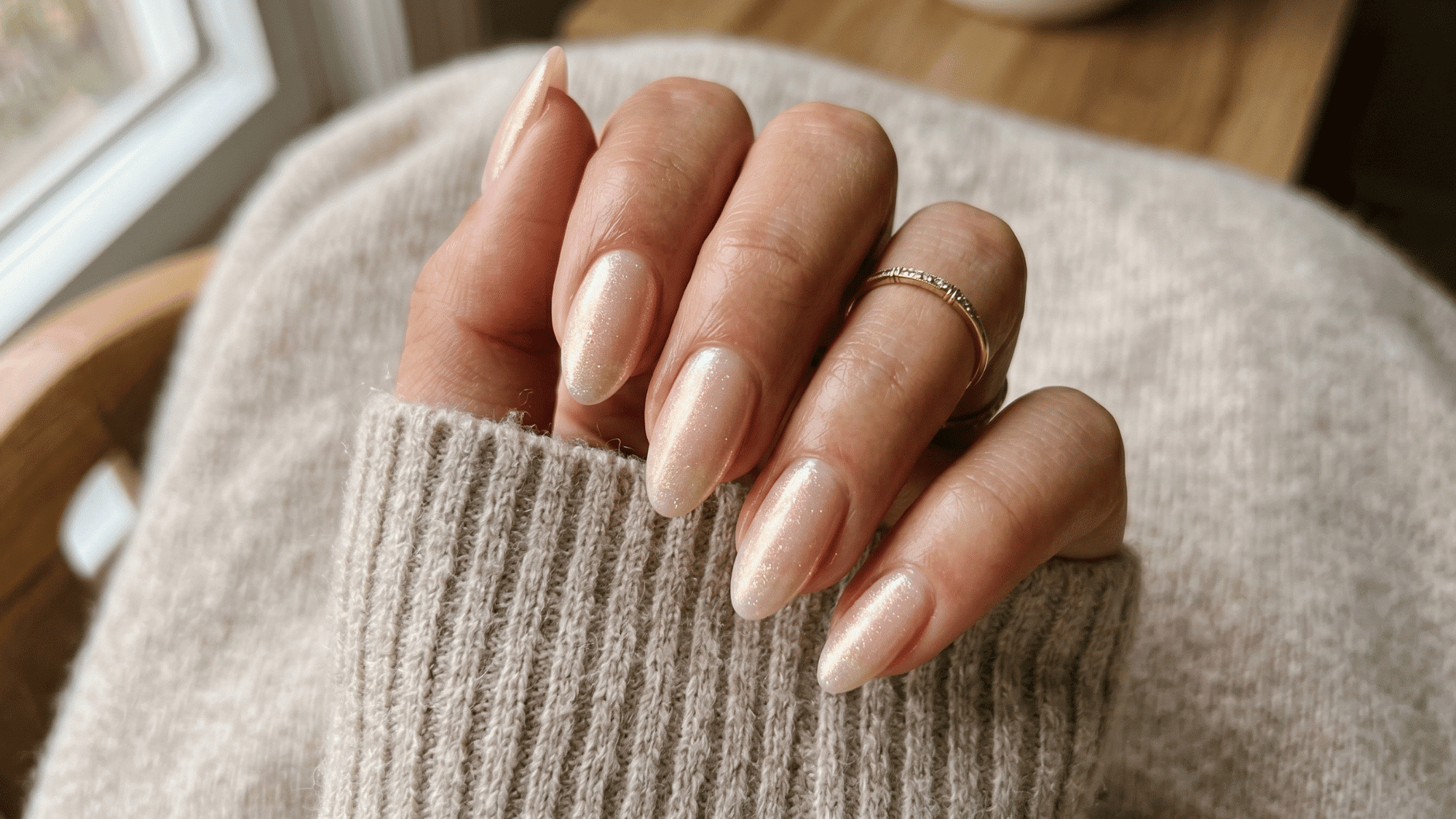 shimmer overlay nails with soft glow and subtle shine