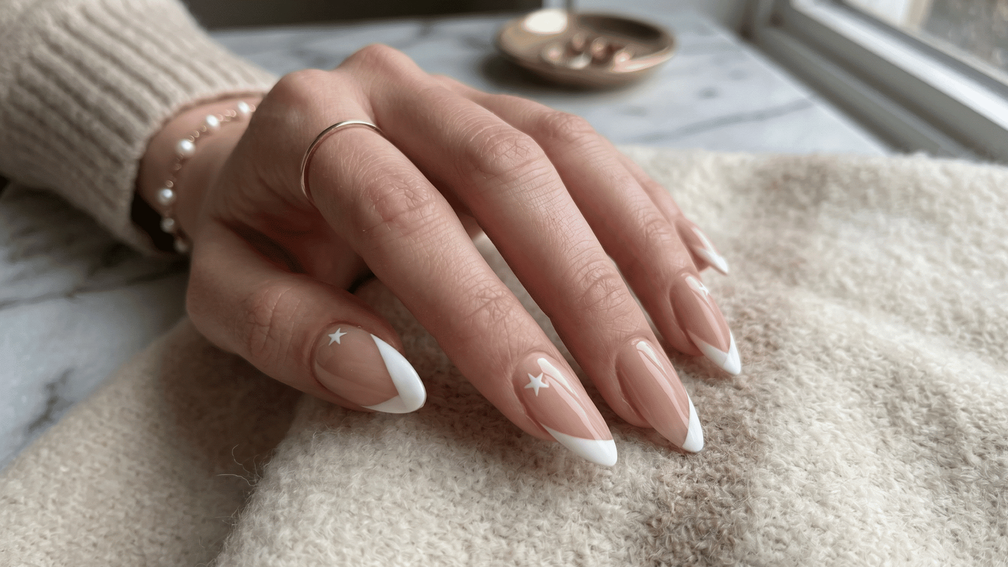 side french nails with modern angled tip design