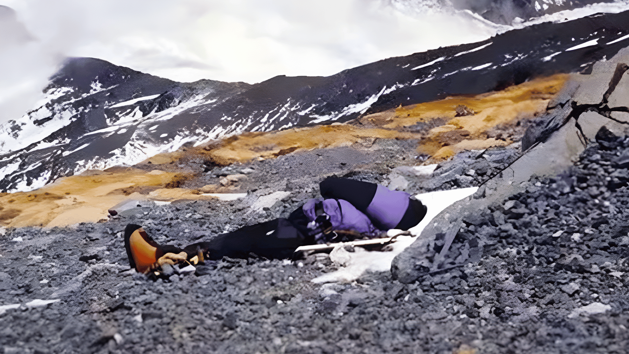 sleeping beauty lying on rocky slope of Mount Everest in high-altitude terrain, illustrating the harsh conditions of the death zone