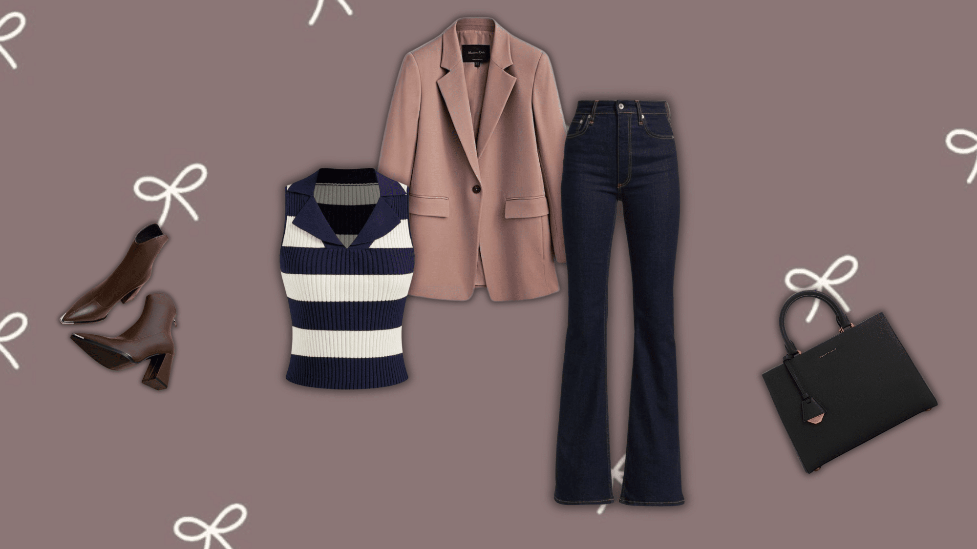 smart casual outfit with striped knit top, blazer, dark wash flared jeans, heels, and structured handbag on a neutral patterned background