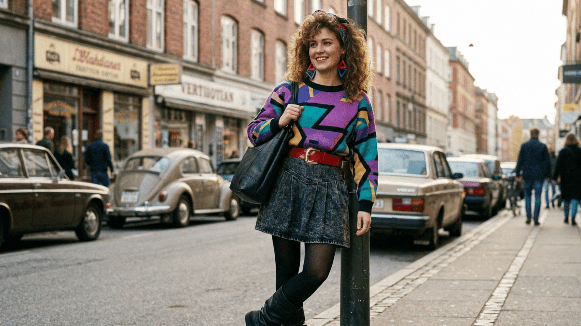 smiling woman in colorful retro sweater and skirt standing on city street with vintage cars and buildings