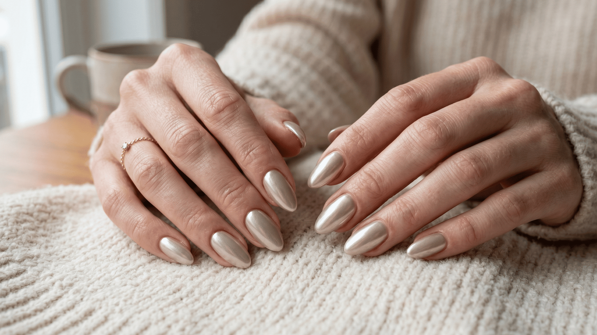 soft chrome nails with subtle metallic neutral shine