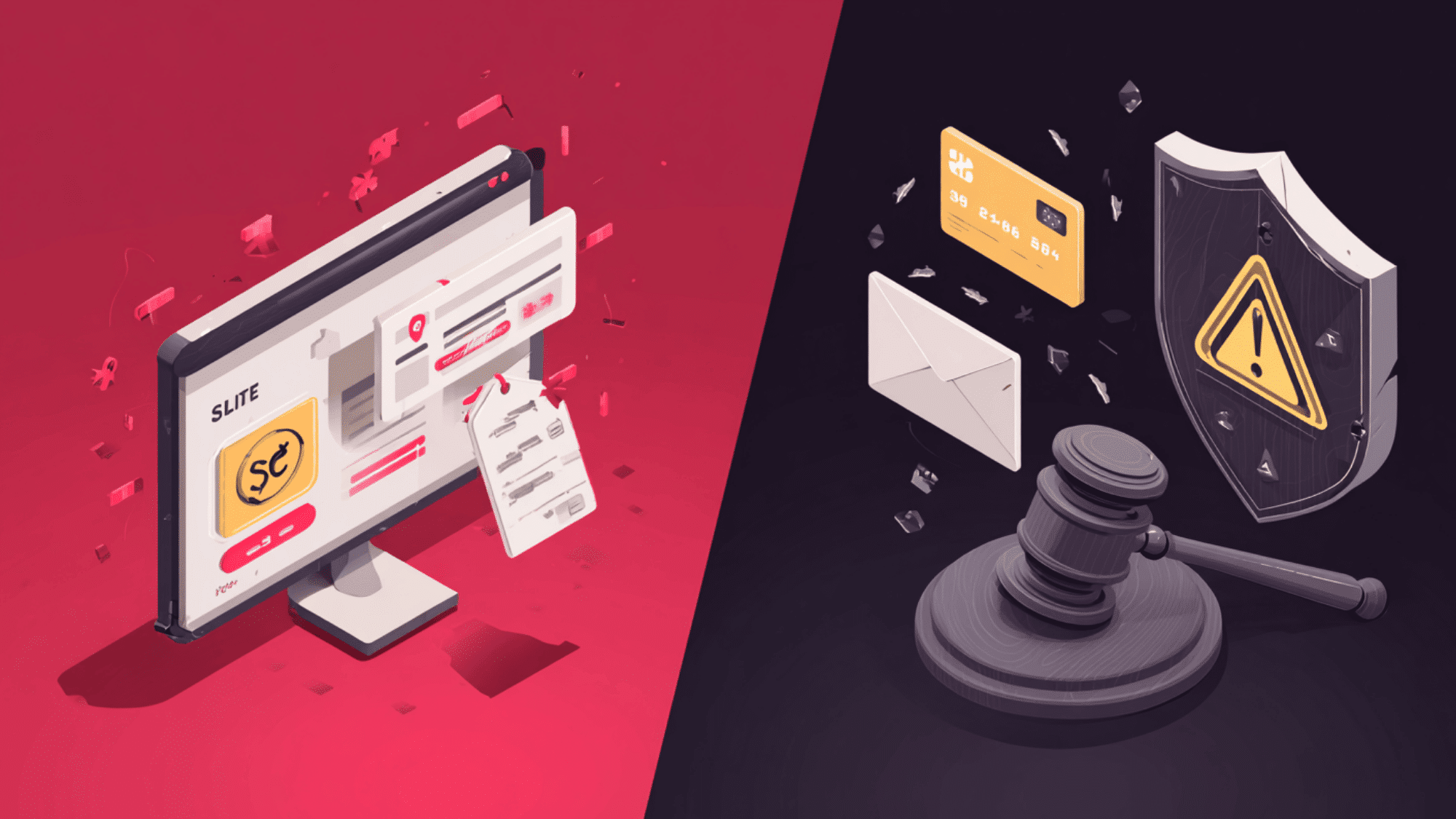 split illustration of online payment system and cybersecurity risks with shield alert and legal elements