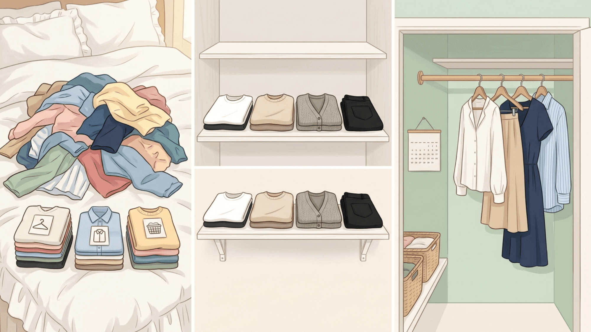 step by step wardrobe organization illustration showing sorting, folding and neatly arranging clothes on shelves and hangers