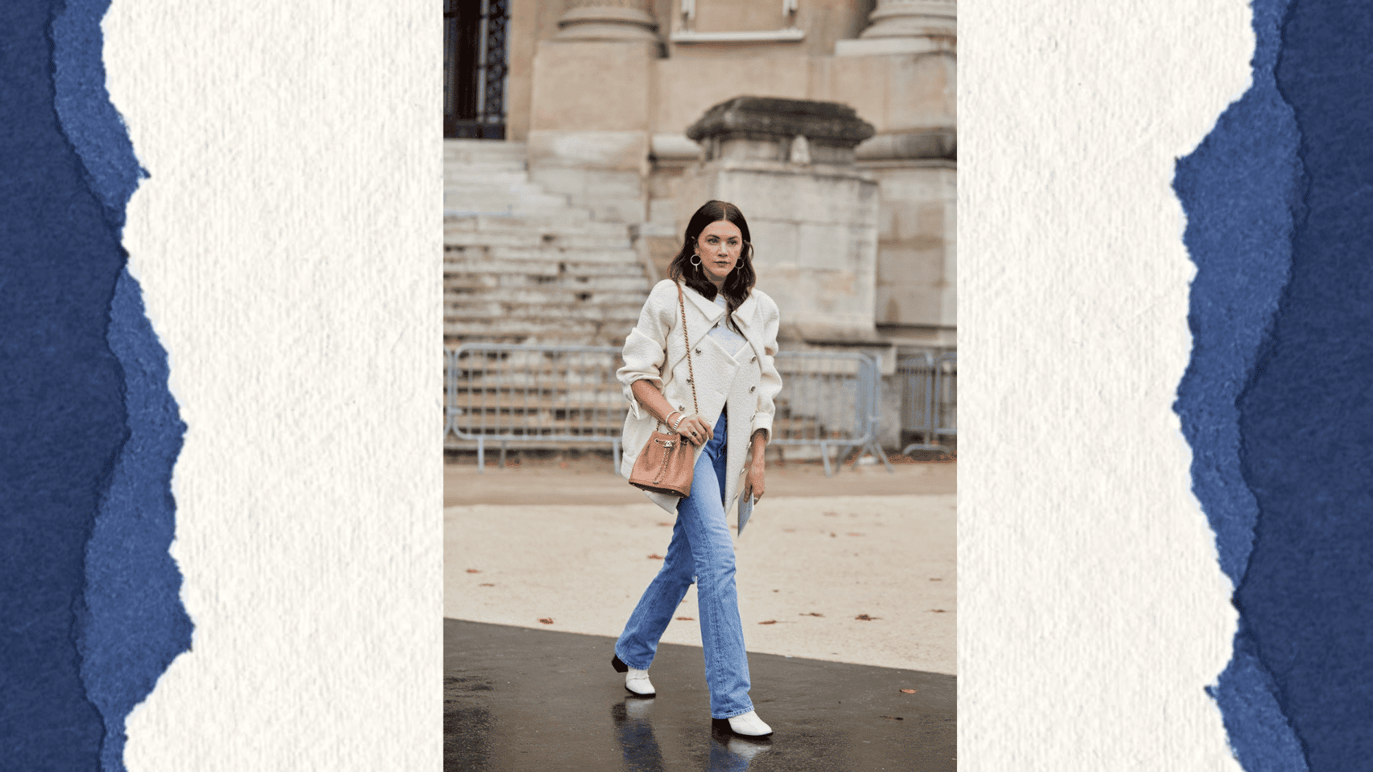 _street style cream textured coat with light wash bootcut jeans, white ankle boots and tan chain bag