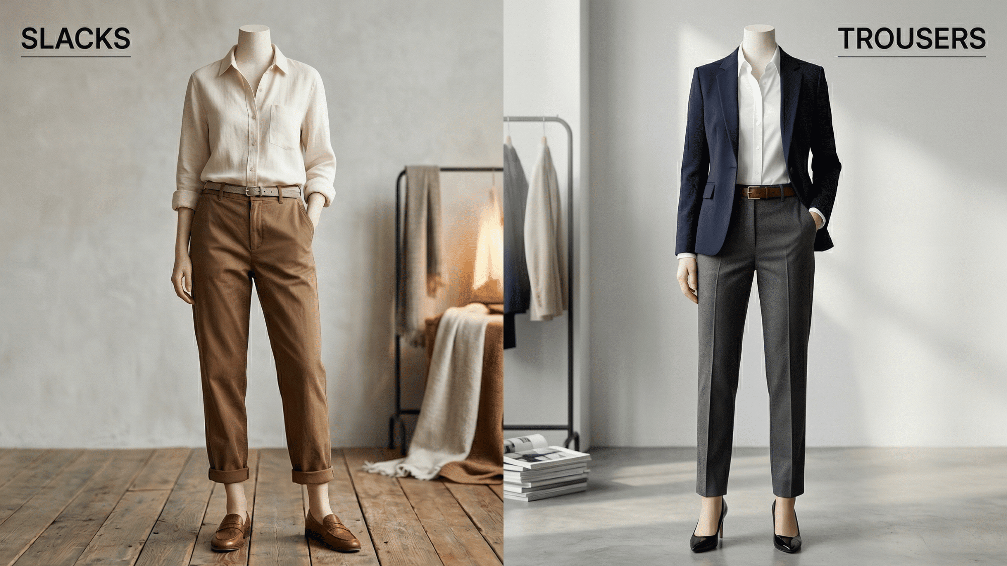 stylish slacks and trousers in neutral colors with tailored fit displayed in a modern fashion setup