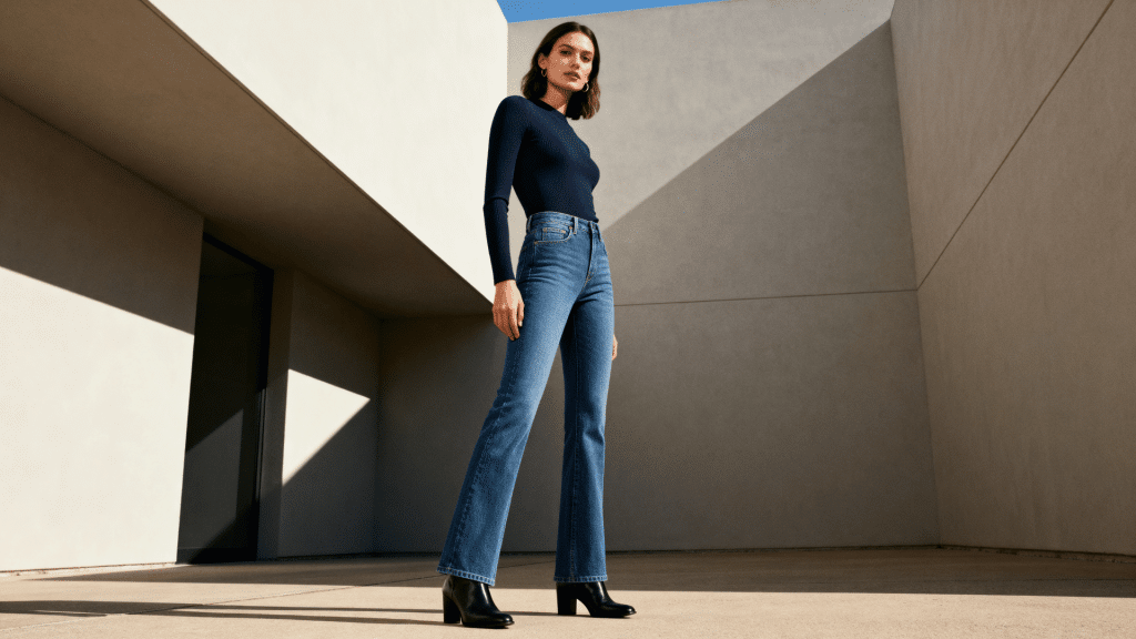 Stylish woman in a navy rib-knit top and high-waisted bootcut jeans with black block-heel boots against a minimalist background.