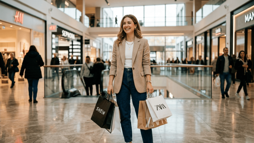 stylish woman walking through shopping mall holding branded shopping bags and smiling confidently