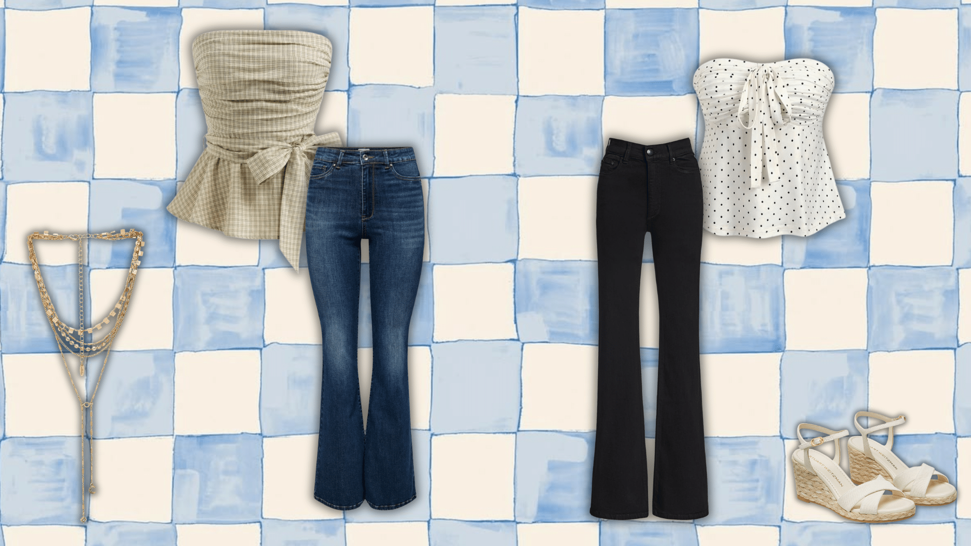 summer outfit with bootcut jeans styled with hat and layered accessories