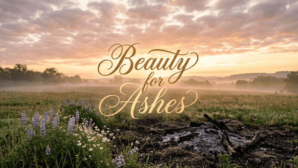 sunrise field with wildflowers and ashes featuring beauty for ashes text