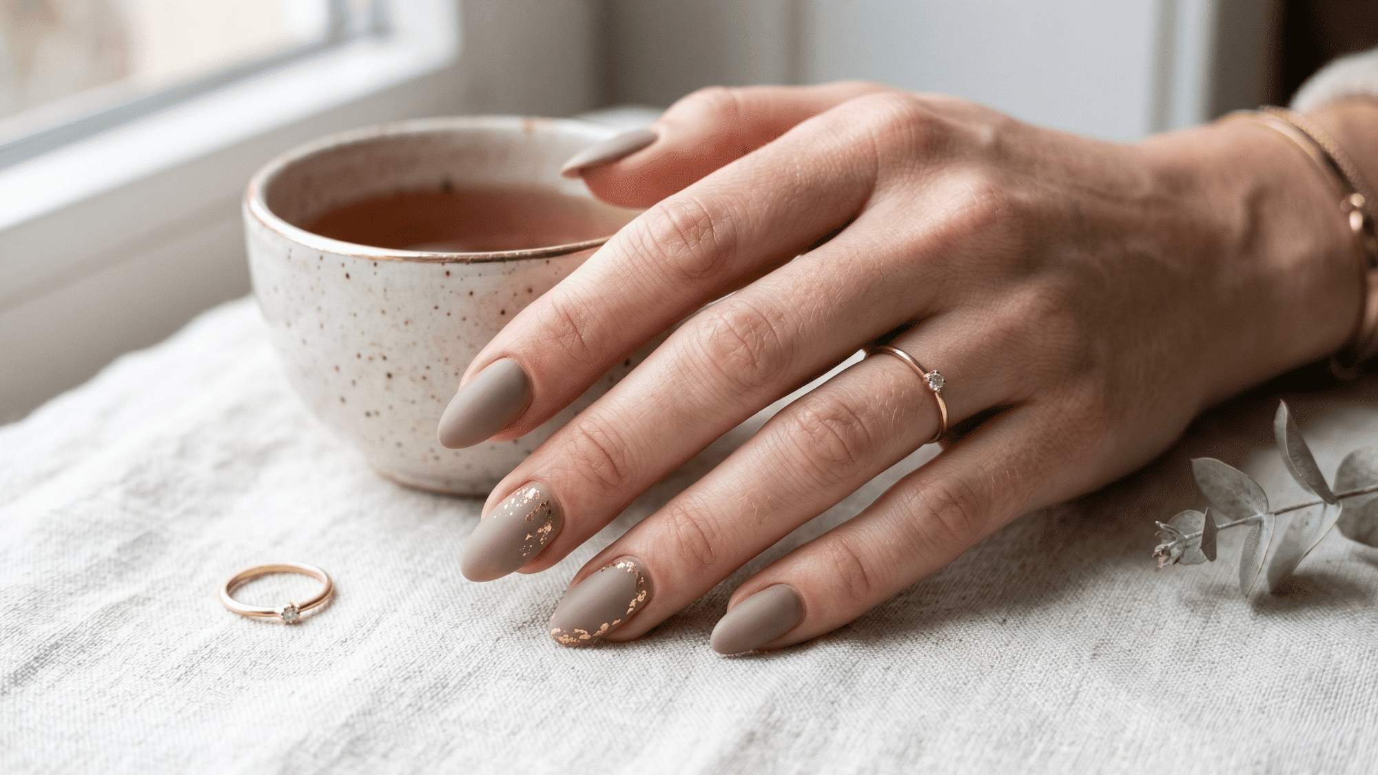 taupe minimalist nails with foil art and clean finish