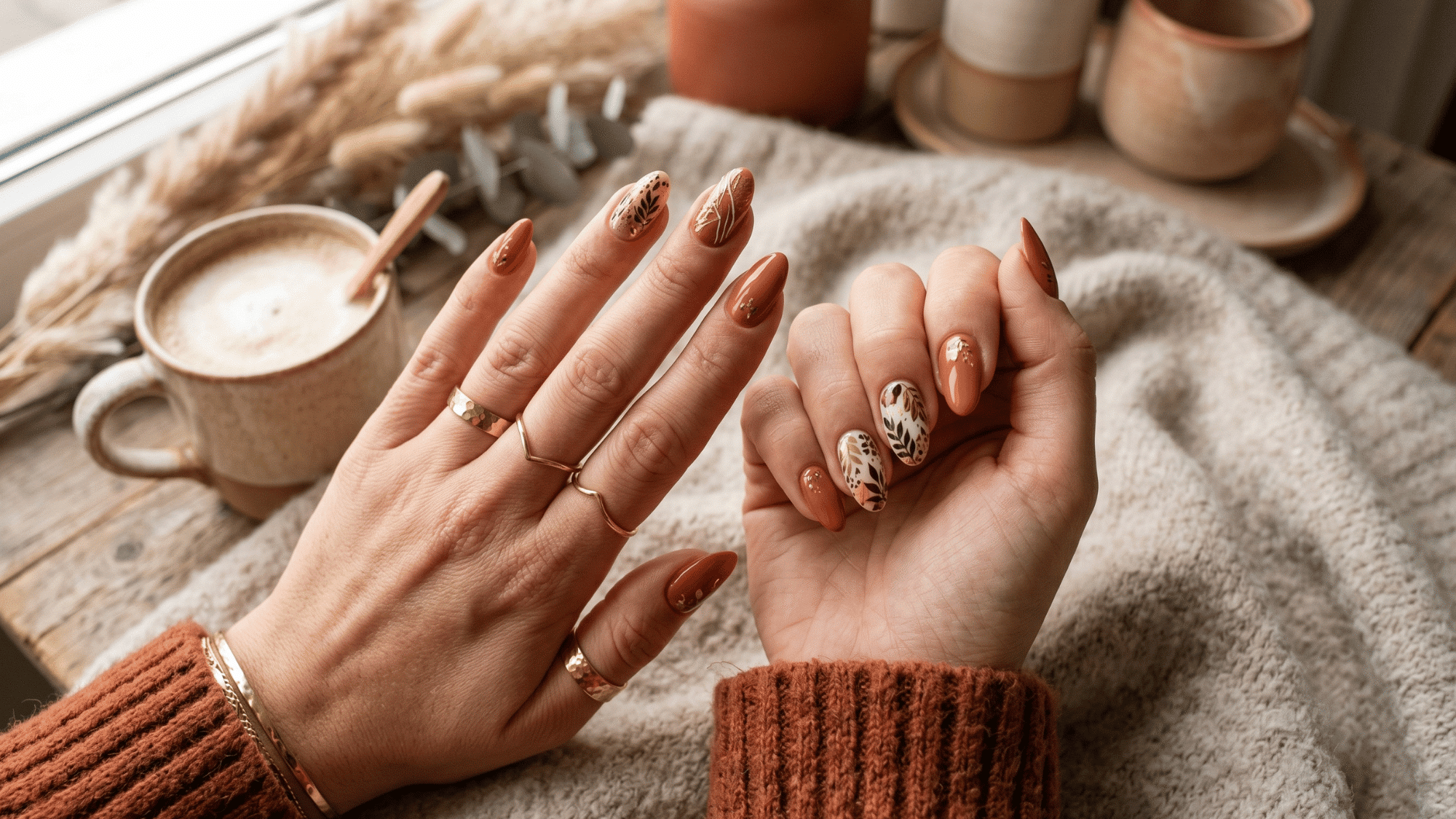 terracotta nails with warm cozy earthy color tone