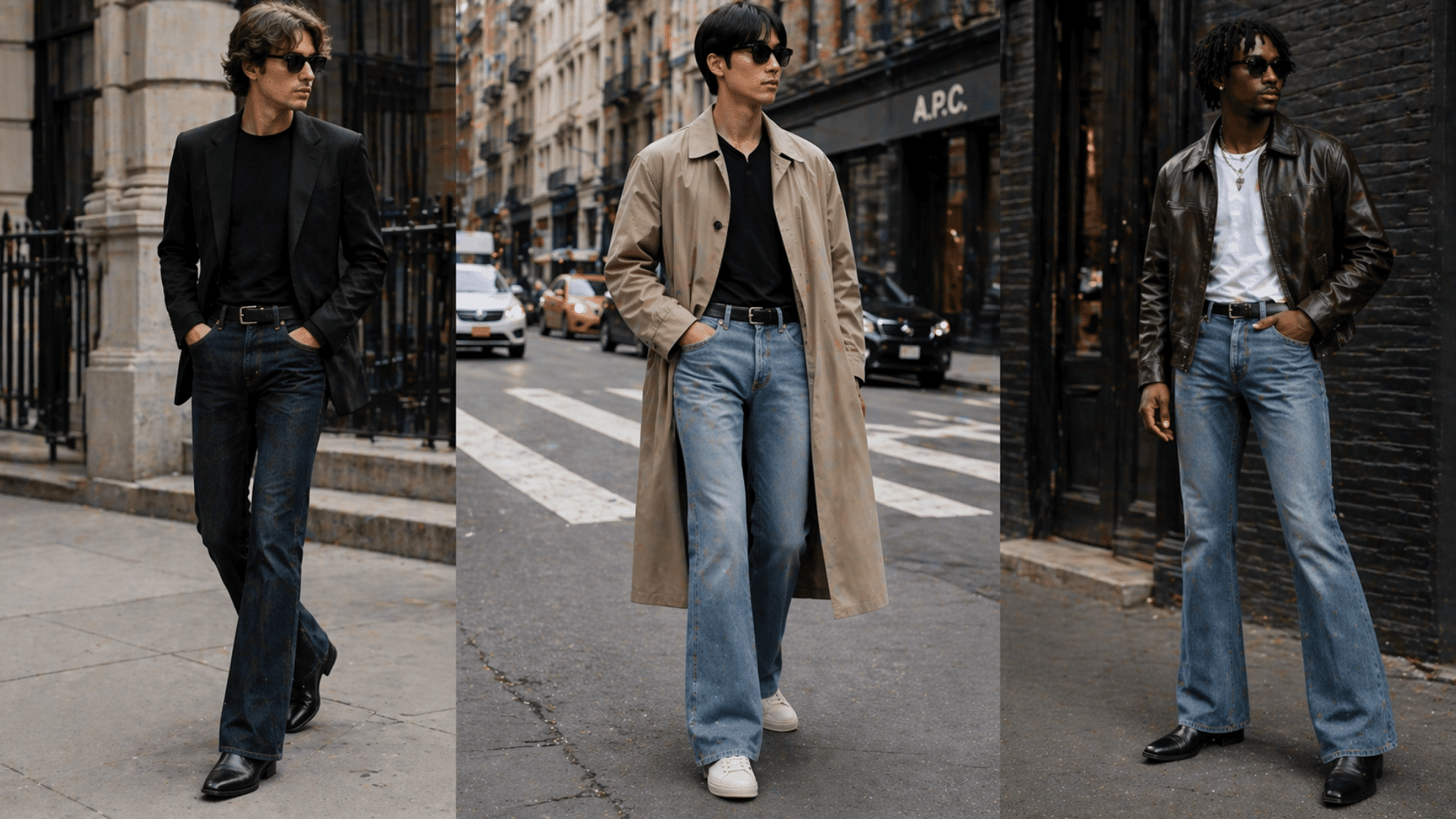 Three men model modern bootcut jeans with blazers, trench coats, leather jackets, boots, and sneakers in urban streetwear looks.