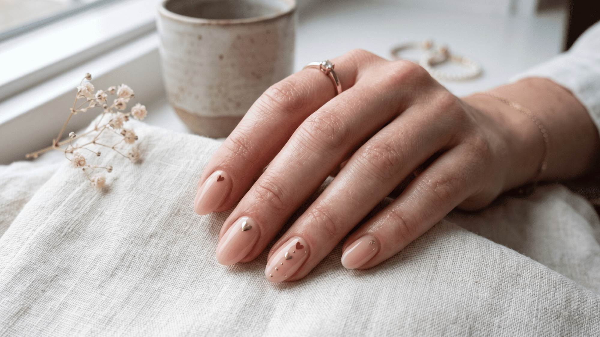tiny heart accent nails with delicate nude base design