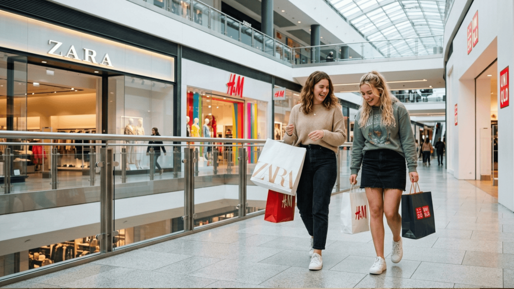 two women shopping in mall carrying bags smiling fashion retail brands zara h&m casual lifestyle