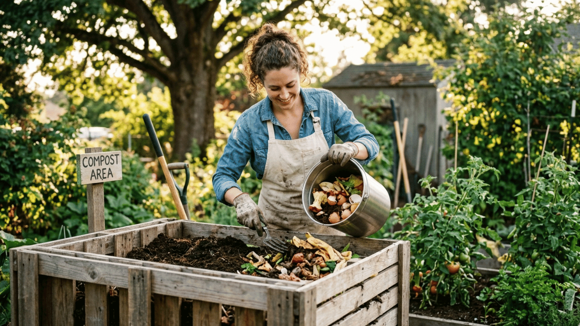 woman adding food scraps to compost bin in home garden.
