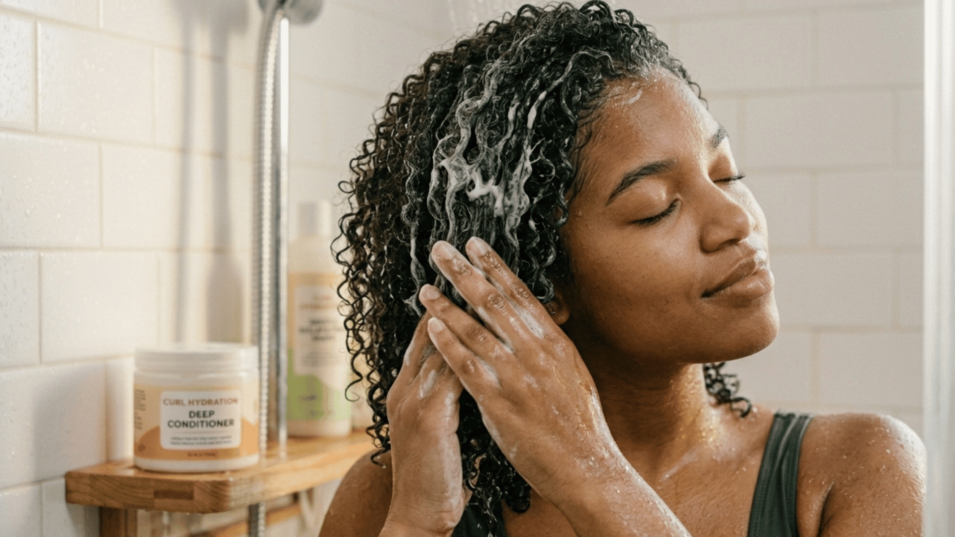 woman applying deep conditioner to curly hair for hydration and softness.