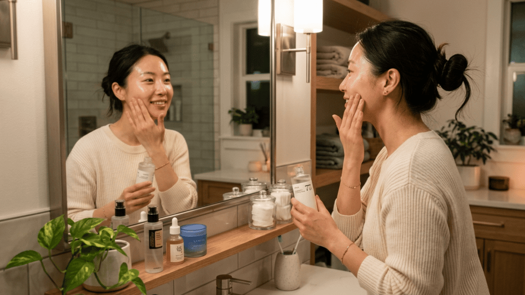 woman applying skincare in bathroom mirror holding serum glowing skin routine cozy evening setting